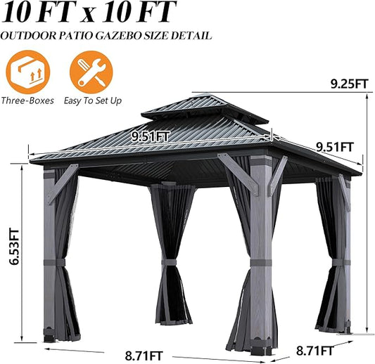 GARTOO 10' x 10' Outdoor Wood Gazebo - Permanent Wooden Hardtop Gazebo Pavilion with Double Curtains, Galvanized Steel Roof Cedar Wood Gazebos for Garden, Backyard Deck, Lawn, Poolside