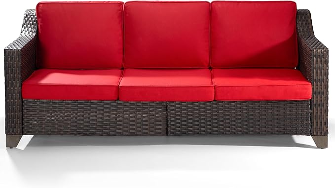 77'' Patio Sofa, All Weather Outdoor Rattan Wicker 3-Seat Sofa High Back Couch with Premium Cushions for Garden Backyard Porch(Brown/Red)