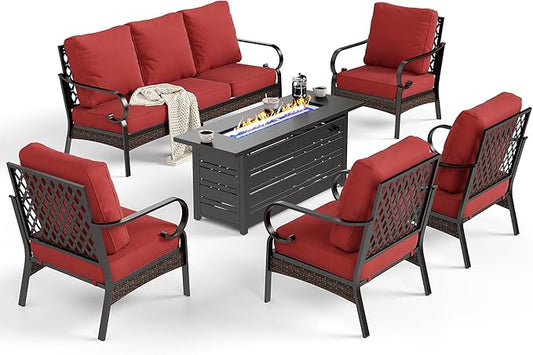6 Piece Black Metal Outdoor Patio Furniture Sets with Firepit Table, Patio Conversation Sets 1 3-Seater Sofa, 4 Single Sofa with 5.75" Extra Cushion Backyard Furniture for Deck, Red