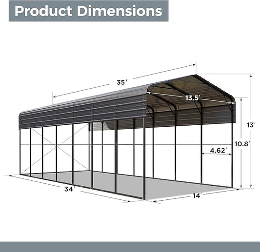 GREEN PARTY 14 x 35 ft Metal RV Carport Kits with Galvanized Steel Roof, Heavy Duty 2 Car Outdoor Car-Shed Canopy, Car Tent Metal Garage Shelter for RV, SUV, Truck, Tractors and Boats, Gray