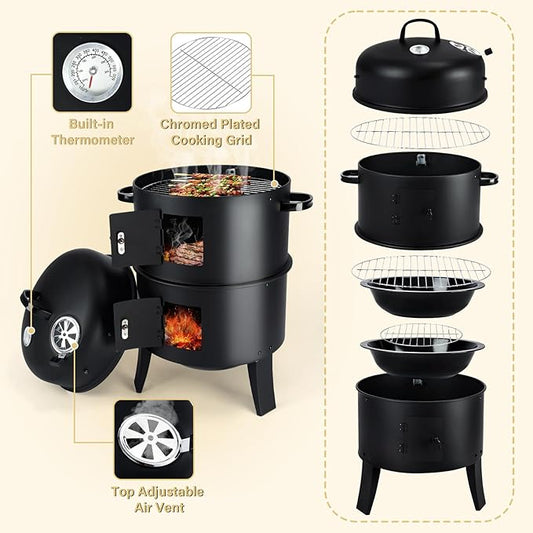 TCFUNDY 32" Vertical Charcoal Smoker Grill, Heavy-Duty BBQ Grill with Built-in Thermometer, 3 in 1 Grill and Smoker, Portable Meat Cooker with Air Vent for Outdoor Barbecue Cooking