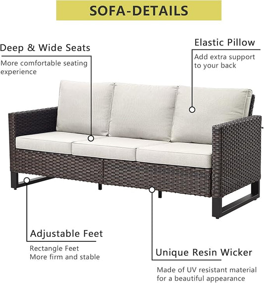 HUMMUH 10 Piece Patio Furniture Set PE Wicker 3 Outdoor Sectional Sofa Set with Patio Chairs Dinning Table Ottomans for Porch,Garden,Backyard,Deck(Brown/Beige)