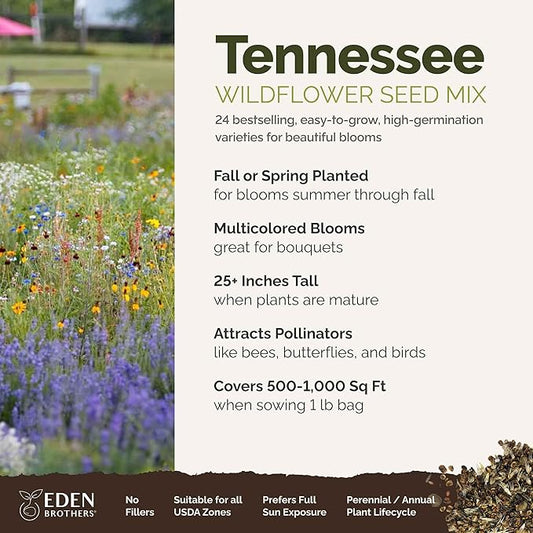 Eden Brothers Tennessee Wildflower Mixed Seeds for Planting, 1 lb, 480,000+ Seeds with Cosmos, Black Eyed Susan | Attracts Pollinators, Plant in Spring or Fall, Zones