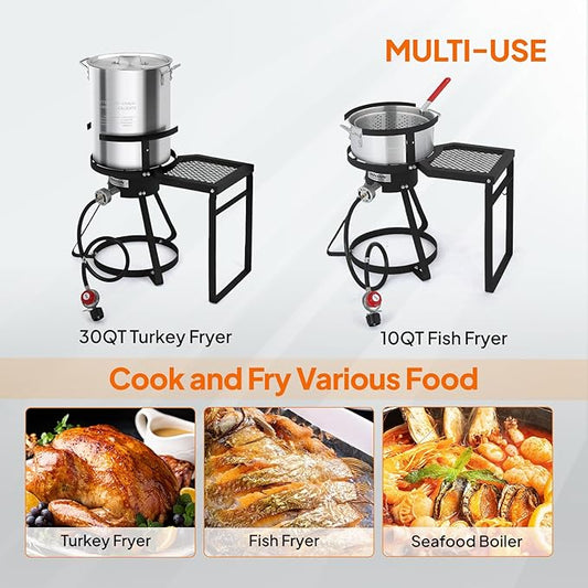 ROVSUN 30QT Turkey Fryer & 10QT Fish Fryer Kit, 55000BTU Propane Stove with Shelf, Aluminum Outdoor Deep Fryer & Seafood Boiler Steamer w/Baskets, Thermometer, Marinade Injector, Turkey Rack & Lifter