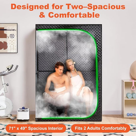 Portable Full-Body Steam Sauna Tent for Home – Large Indoor Personal Sauna with 15 Heat Levels, 3L Steamer, Remote, Foldable Chair and Transparent Window (Double Rectangular, Black)