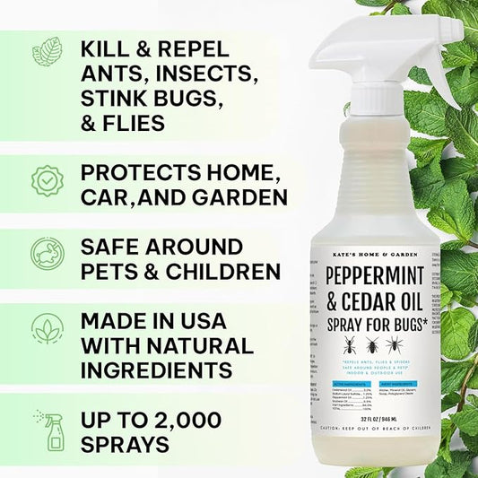 Kate's Home & Garden Peppermint Oil Spray for Bugs, Ants, Insects, Spiders, Roaches, Stink Bug. Pesticide and Insecticide Indoor Repellent Pest Control with Cedar Oil (32oz, Natural, Non Toxic)
