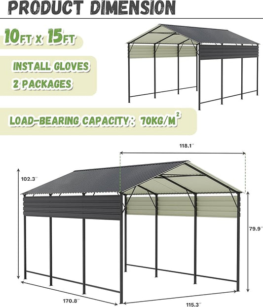 Greesum 10x15FT Metal Carport with Heavy Duty Frame and Galvanized Steel Roof, Round Carports with Side Support Rods, Canopy Shelter for Car, Pickup Trucks, Boats and Tractors, Party, Gray