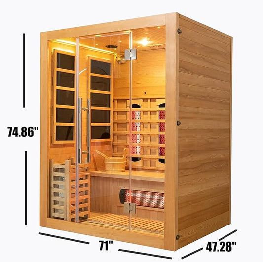 Wood Hybrid Home Sauna for 3-4 Person, Far Infrared & Steam Dual System Indoor Traditional Saunas, 3KW/4.5KW, 10 Heating Elements and Heating Stove, Speaker, Oxygen Bar, Water Bucket, Rocks, Hemlock