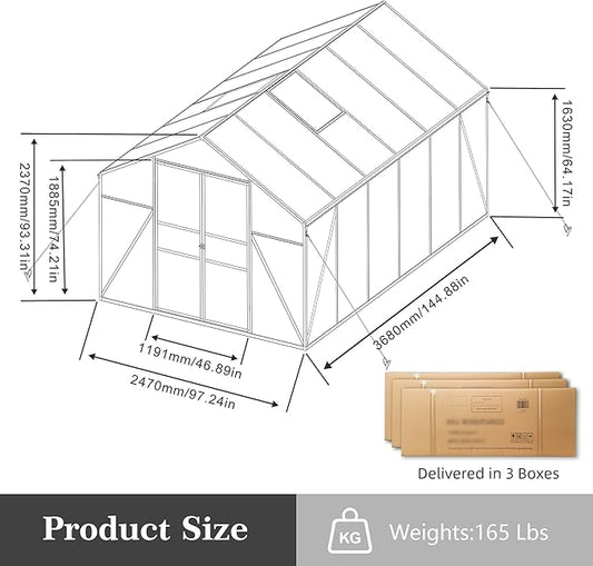 KEIKI Aluminum 8x12 FT Walk-in Polycarbonate Greenhouse, Outdoor Gardening Greenhouse with Raised Base, Roof Vent & Weather-Resistant Panels, Black