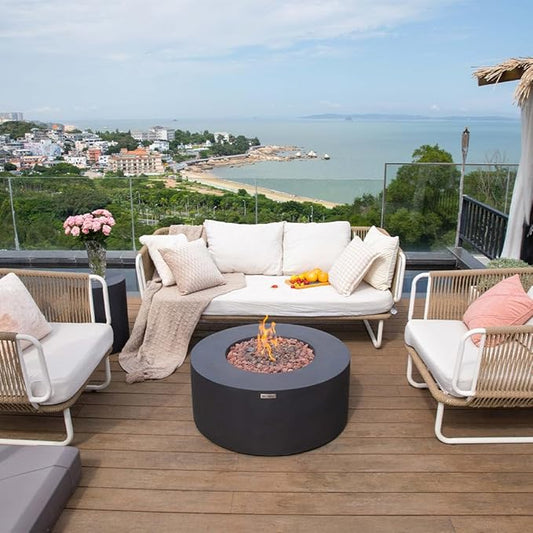 Venice Concrete Fire Pit 34" x 34" Outdoor Patio Firepit Includes Lava Rocks Modern Fire Pits & Outdoor Fireplaces for Garden, Deck, Indoor & Outdoor Heating