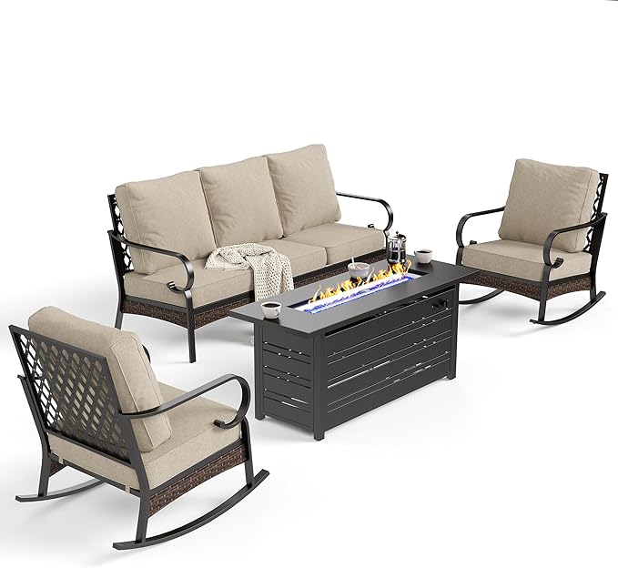 4 Piece Black Metal Outdoor Patio Furniture Sets with Firepit Table, Patio Conversation Sets 1 3-Seater Sofa, 2 Rocking Sofa with 5.75" Thick Cushion Backyard Furniture for Deck, Beige