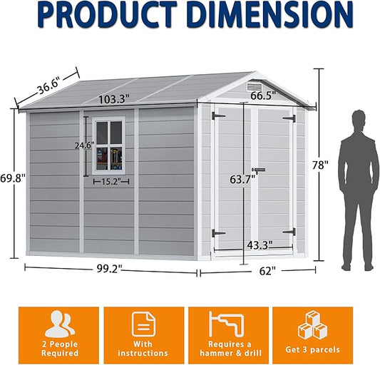 8.7x5.5 FT Resin Outdoor Storage Shed with Floor, Weather-Resistant Plastic Garden Shed with Windows, Lockable Door and Vents, Outside Tool Storage Sheds for Backyard, Garden, Lawn, Grey
