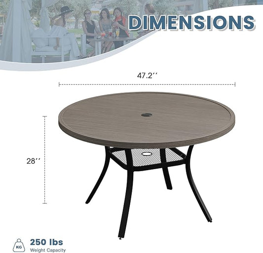 DIFY 48" Round Patio Dining Table for 6, Outdoor Metal Dining Table with 1.57" Umbrella Hole for Backyard Lawn Garden, Grey Wood-Like
