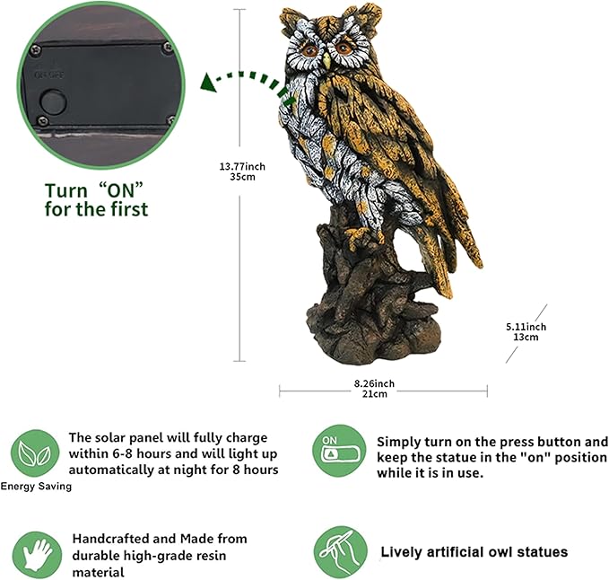 VV-Ladybug Solar Owl Resin Statue Hand - Painted Garden Decor with LED Light, Perched on Tree Stump Figurine for Outdoor Indoor Yard Patio Home Decoration