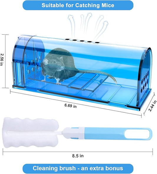 6 Pack Humane Mouse Traps No Kill, Catch and Release Live Mouse Trap Indoor for Home, Reusable Mice Trap Cage with Cleaning Brush(Blue)