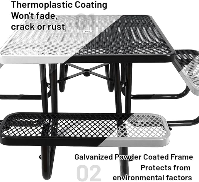 Rueekfil 46" Thermoplastic Picnic Table with Umbrella Hole up to 1.5", Heavy Duty Commercial Picnic Table for Outdoor, Family & Party Ready for School Camping, Square, Black