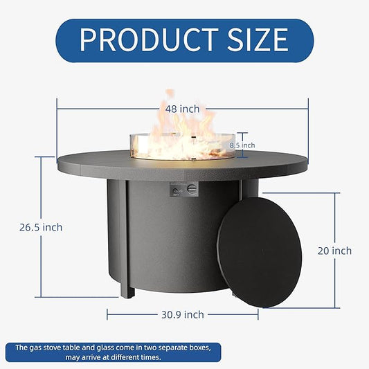 48" Round Propane Fire Pit Table with Lid, 40,000 BTU Outdoor Gas Fire Pits CSA Certified for Outside Steel Tabletop Fire Pit with Blue Glass Rock&Windshield Glass for for Patio, Balcony,Garden