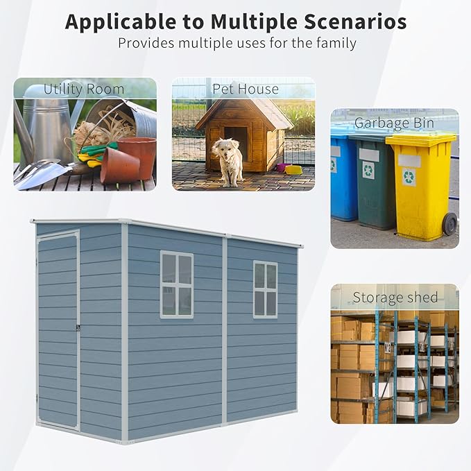 4x8 FT Outdoor Storage Shed Plastic Shed W/Floor,Resin Lean to Shed W/ 2 Windows & Lockable Door,Garden Tool House W/Air Vent & Sloped Roof,All Weather Waterproof for Backyard,Patio,Lawn,Grey