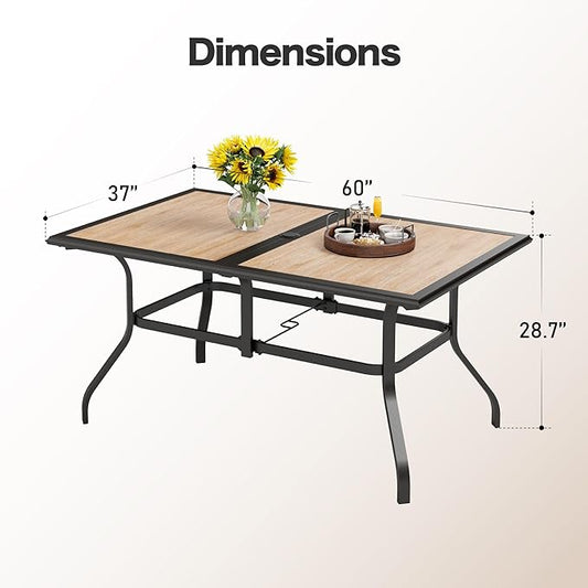 60" Patio Dining Table for 6,Teak Color Rectangle Patio Table with Umbrella Hole,E-Coating and Powder Coating Steel Frame Metal Outdoor Patio Table for Garden Backyard Lawn Yard