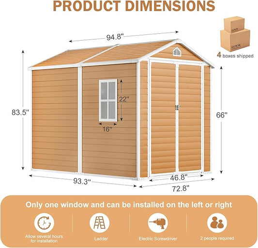 HUSFU 8x6 FT Outdoor Storage Shed with Floor and Lockable Door,Waterproof Resin Tool Shed for Garden, Backyard, Patio,Perfect to Store Patio Furniture,Yellow