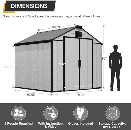 8 x 8 FT Resin Outdoor Storage Shed, All-Weather Plastic Garden Shed with Floor, Lockable Doors & Windows, Plastic Tool Shed for Poolside, Backyard, Patio