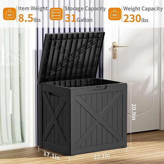 31 Gallon Outdoor Storage Box, Large Resin Deck Box for Patio Cushions, Garden Tools, Pool Accessories, Waterproof and Lockable Design, Storage Bench for Backyard & Deck(Black)