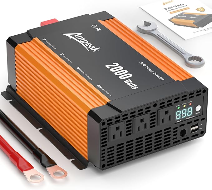 Ampeak 2000W Inverter, Car Power Inverter 12V to 120V, 89.37% High Efficiency Modified Sine Wave Inverter, 3 AC Outlets Dual USB 5V 3.1A, Surge 4000W Remote Controller for Vehicles, Truck, RV, Home