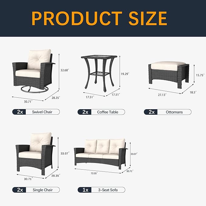 9 Pieces Outdoor Patio Furniture Set, Wicker Patio Sectional Set Conversation Wicker Swivel Chairs with Small Side Table
