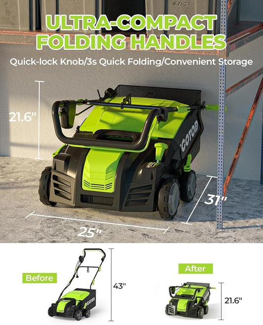 2-in-1 Electric Dethatcher and Scarifier, 13-Inch Raking & Scarifying, Turf Dethatcher & with 4-Position Height Adjustment, 14.5 gal Removable Thatch Bag for Lawn Health