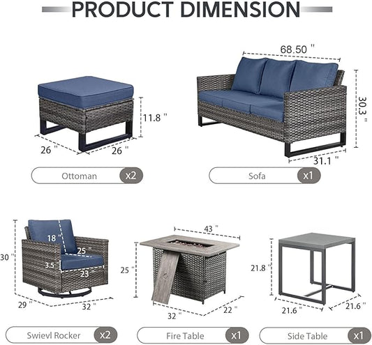 7 Piece Wicker Patio Furniture with Fire Pit Table - Outdoor Conversation Set with 50,000 BTU Fire Pit, All Weather Rattan Patio Set for Deck Backyard Garden - Grey Wicker Blue Cushion