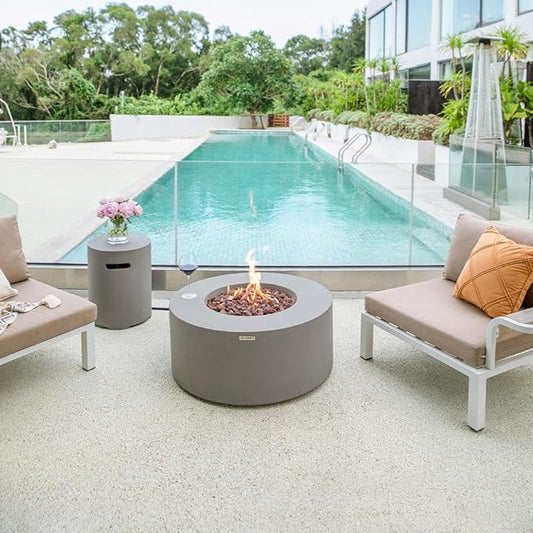Tramore Concrete Fire Pit 34.3" x 34.3" Patio Firepit Includes Lava Rocks Modern Fire Pits & Outdoor Fireplaces for Garden, Deck, Indoor & Outdoor Heating