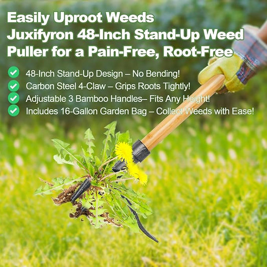 Stand Up Weed Puller Tool, Dandelion Hand Weeding Tool with 48" Long Handle Weed Remover Tool for Garden Lawn Yard, Includes a Reusable Garden Waste Bag