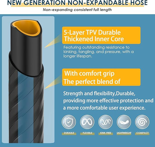 Heavy Duty Non-Expanding Garden Hose 50ft - Durable Reinforced Water Hose with Leak-Proof Construction , Kink-Resistant, TPV material, 10-Function Spray Nozzle, 3/4" Connector & Portable Strap(50FT)