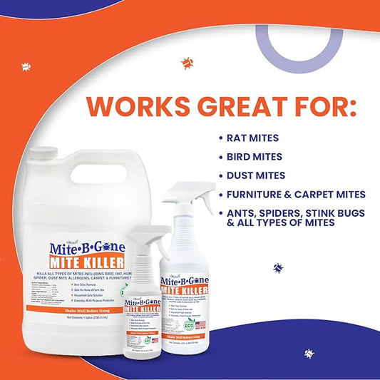 Mite Killer Spray by Mite-B-Gone — Kills Human Mites, Dust, Spider, Rat, Carpet & Bird Mites in Homes, Furniture, Bedding, Auto & On Animals | Non-Toxic | Kid & Pet Safe | 32oz Spray