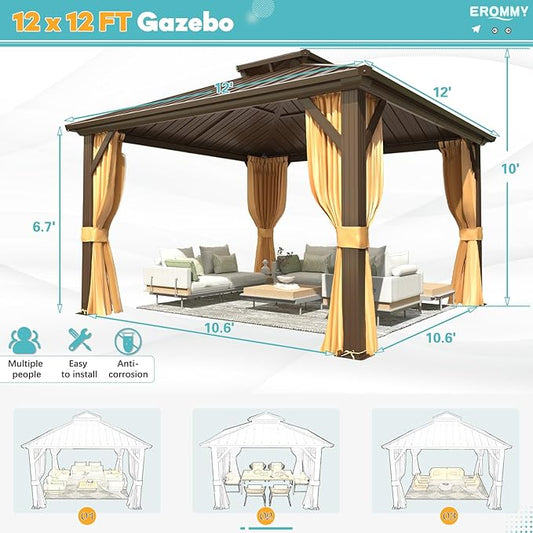EROMMY 12' x 12' Hardtop Gazebo, Aluminum Frame Gazebos with Galvanized Steel Double Roof, Permanent Outdoor Metal Pavilion with Curtain and Netting for Patio, Lawn, Deck