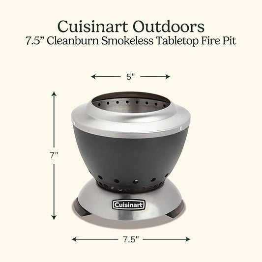 Cuisinart Cleanburn Smokeless Tabletop Fire Pit, 7.5” Lightweight Portable Smokeless Fire Pit with Removable Base for Ash & Carry Bag, Small Outdoor Heater for Patio, Camping & RV, Portable Heater