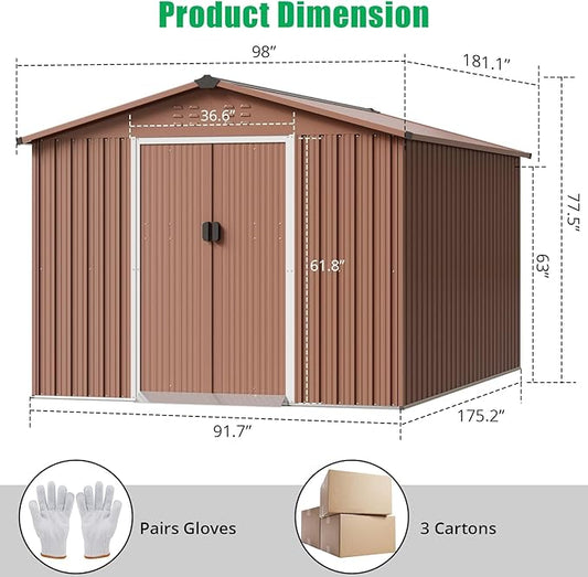 8X15 FT Metal Outdoor Storage Shed, Large Galvanized Steel Garden Tool Shed with Lockable Double Doors & Ventilation - Weatherproof Shelter for Bicycles, Lawn Mowers, Tools in Backyard