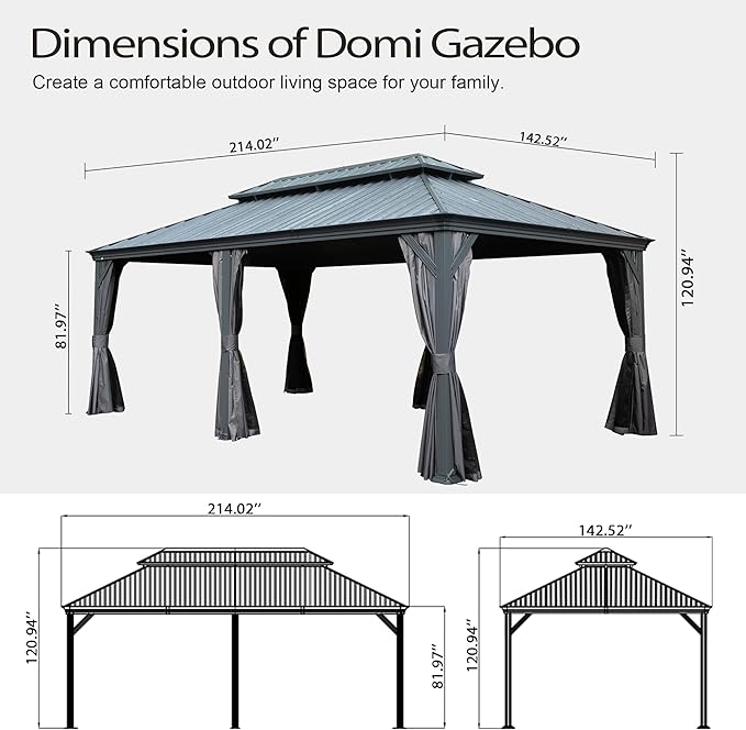 Domi 12x18FT Outdoor Gazebo, Hardtop Gazebo with Galvanized Steel Double Roof, Metal Gazebos with Drainage System Patio Pergola for Patio Deck Backyard,Curtain and Netting,Gray