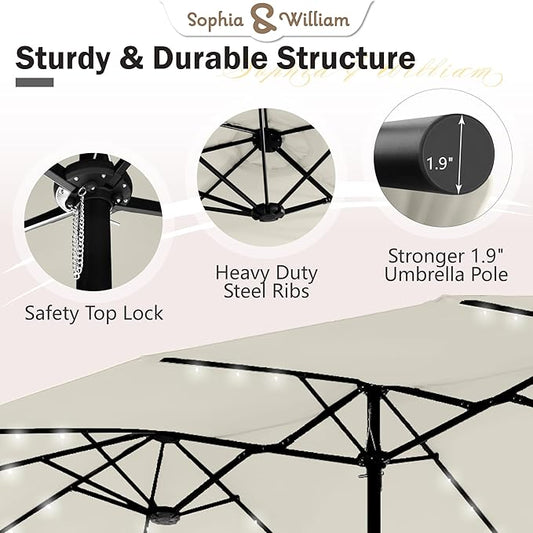 Sophia & William 15 ft Extra Large Patio Umbrella with Solar Lights, Rectangular Outdoor Umbrella with Base Included, Market Umbrella Double-sided Heavy Duty for Pool Garden Backyard, Ivory White