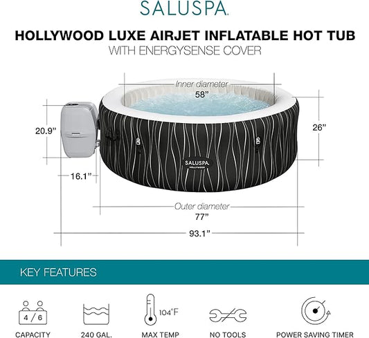 Bestway SaluSpa Hollywood EnergySense Luxe AirJet Round Inflatable 4 to 6 Adult Hot Tub with Heater, Filter, 2 Covers, and 140 AirJet System