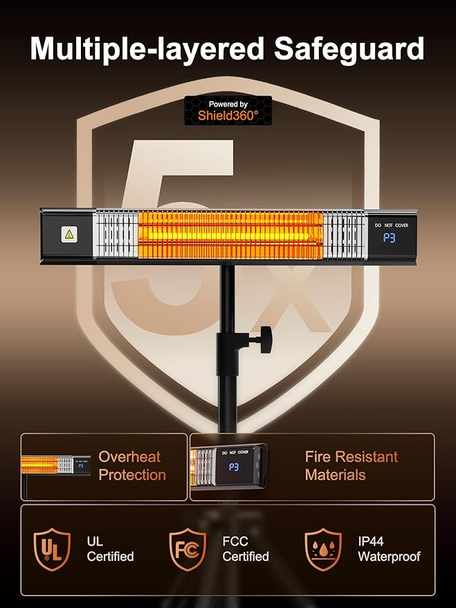 Uthfy Outdoor Electric Heater, 1500W Waterproof Patio Heater with Tripod Stand, Remote, 24 H Timer, Indoor Safety Wall Mounted Infrared Heater for Garage, Yard, Deck, Bedroom, Restaurant