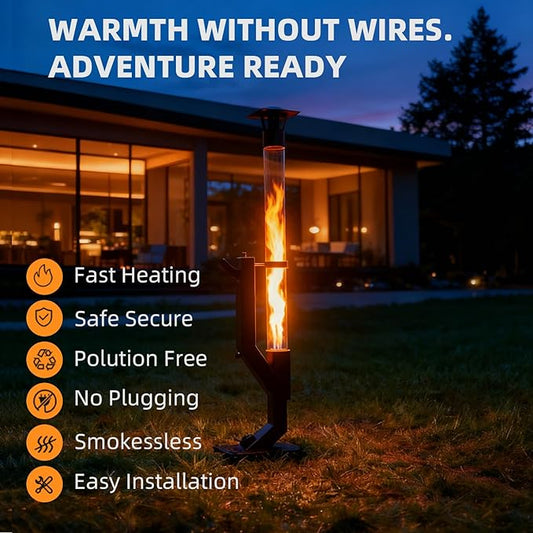 Eco Flame Smokeless Wood Pellet Fire Pit & Patio Heater, Portable Outdoor Rocket Stove with Glass Tube and Ash Tray for Backyard, Camping, Beach, Garden - Stainless Steel Mini