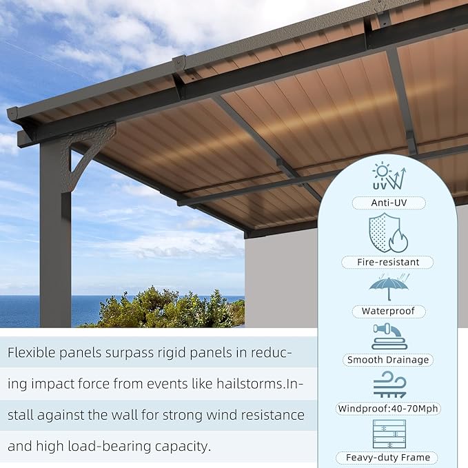 AECOJOY 10' x 16' Adjustable Height Outdoor Lean to Gazebo Pergola for Patio, Large Wall-Mounted 8.1-9.8 Ft Hard Top Metal Heavy Duty Metal Awnings Shelter Pergolas and Gazebos Clearance with Roof