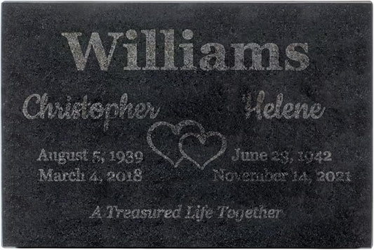 PlaqueMaker Black Granite Memorial Headstone for Two Lost Loved - Great for Your Garden, Tree Dedication, or in a Cemetery. Includes Your Text and Select Clipart (12 x 8 x 2)