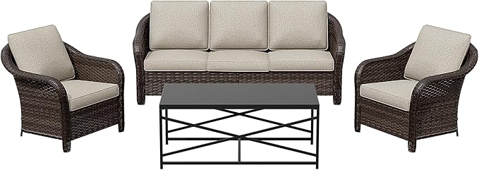 4 Pieces Patio Outdoor Conversation Furniture Set, 78" 3-Seat Couch, 2 Chairs, 47" Metal Coffee Table, Rattan Wicker Sofa with Washable Cushions for Garden, Deck (Beige)