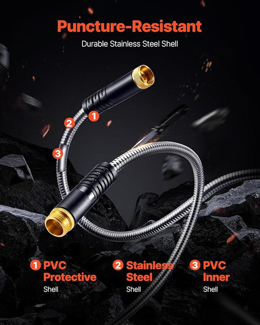 VEVOR Garden Hose Metal 100FT – Heavy Duty Stainless Steel Water Hose, Flexible, No Kink & Tangle, Puncture Resistant & Rust Proof, Lightweight w/ 10-Function Spray Nozzle for Yard, Outdoor, Gardening