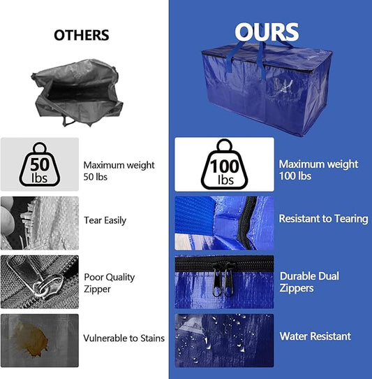 4 Pack Real 100lb Capacity Heavy Duty Moving Bags with Strong Zippers and Reinforced Handles, Extra Large Storage Totes for Packing & Moving Storing, Space Saving Alternative to Moving Boxes-95L,Blue