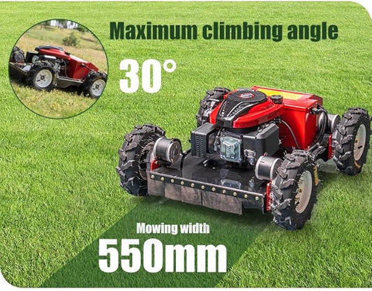 Lawn Mower, Remote Control Lawn, Small Crawler Oil-Electric Hybrid Four-Wheel Drive Lawn Mowing and Weed Whacker, All Terrain Grass Cutter Yard Mower, 30° Climbing (SKD-196-55)