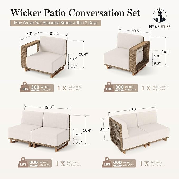 HERA'S HOUSE All Weather Patio Conversation Set,4 Pieces Patio Furniture Set, Sectional Outdoor Rattan Wicker Sofa with 5.3" Widened Armrest, Patio Couch, 10" Ultra Thick Comfy Sponge Cushion