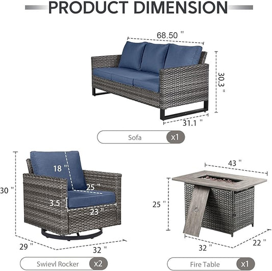 4 Piece Wicker Patio Furniture with Fire Pit Table - Outdoor Conversation Set with 50,000 BTU Fire Pit, All Weather Rattan Patio Set for Deck Backyard Garden - Grey Wicker Blue Cushion